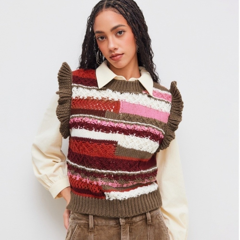 Cider Patchwork Ruffle Sweater Vest Brown Multi Textured Knit Cropped Small NEW